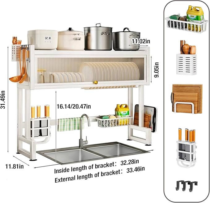 Milkshake White 3 Tier Over Sink Dish Rack Drainer with Cover - Space-Saving Organized Drying Rack for Dishes, Glasses, Bowls, Cutlery - Image 6