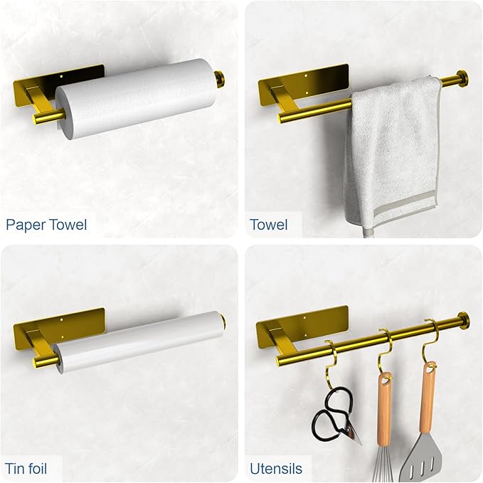 Paper Towel Holder Under Cabinet, Gold Adhesive Paper Towel Holder Wall Mount for Kitchen, Bathroom, RV, Bend-Resistant, Self-Adhesive or Drill mounting, Stainless Steel, 2 Pack - Image 3