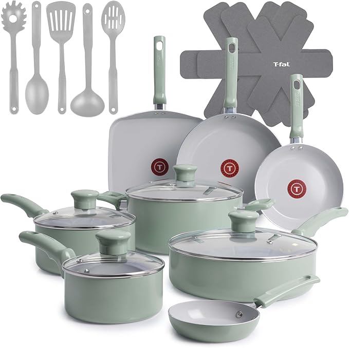 T-Fal Refresh Ceramic Nonstick Cookware Set, 20-Piece, Oven Safe to 350°F, Stockpot, Ceramic Pots and Pans Set, Frying Pans, Griddle, Utensils, Mint Green by T-falbrand