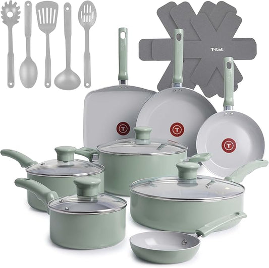 T-Fal Refresh Ceramic Nonstick Cookware Set, 20-Piece, Oven Safe to 350°F, Stockpot, Ceramic Pots and Pans Set, Frying Pans, Griddle, Utensils, Mint Green by T-falbrand
