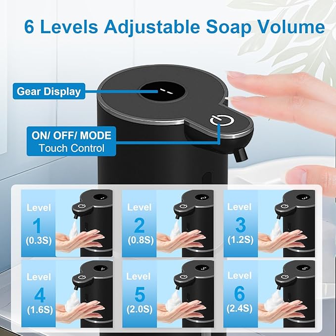 OHIFAST Automatic Foaming Soap Dispenser Touchless, USB Rechargeable Smart Hand Soap Dispenser, 6-Level Adjustable, 12.8oz/380mL, Compatible with Thick Thin Dish Soap for Bathroom Kitchen-Black - Image 3