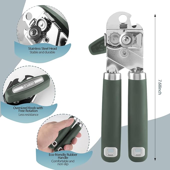 Safring Can Opener Manual, Heavy Duty Handheld Strong Can Opener with Soft Touch Handle, Sharp Blade Smooth Edge, Can Openers with Multifunctional Bottle Opener, Hunter Green - Image 2
