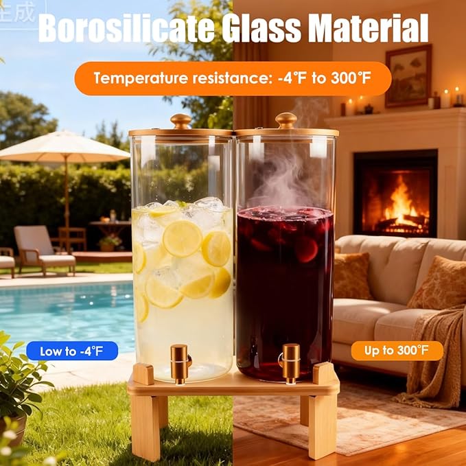 2 Gallon 2 Pack large Glass Drink dispenser for parties,Beverage Dispenser With Wood Stand,Water Dispensers with spigot,lemonade dispenser,juice containers & water pitcher with lid - Image 3