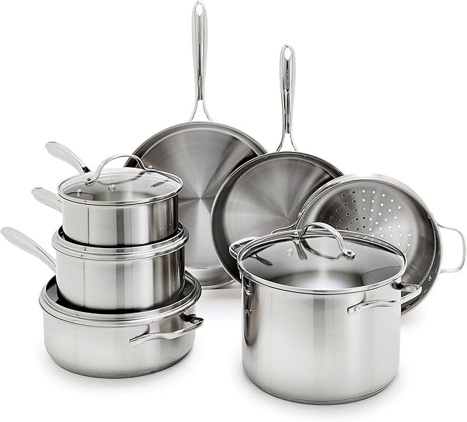 GreenPan Stainless Steel Cookware Set, 11 Piece, Induction Cookware, Dishwasher Safe, Oven Safe to 600F, Large 8QT Stock Pot, Sauce, Saute, Frying Pans, Pots & Pans Kitchen Essentials, Silver by GreenPan