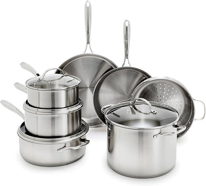 GreenPan Stainless Steel Cookware Set, 11 Piece, Induction Cookware, Dishwasher Safe, Oven Safe to 600F, Large 8QT Stock Pot, Sauce, Saute, Frying Pans, Pots & Pans Kitchen Essentials, Silver by GreenPan