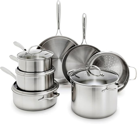 GreenPan Stainless Steel Cookware Set, 11 Piece, Induction Cookware, Dishwasher Safe, Oven Safe to 600F, Large 8QT Stock Pot, Sauce, Saute, Frying Pans, Pots & Pans Kitchen Essentials, Silver by GreenPan