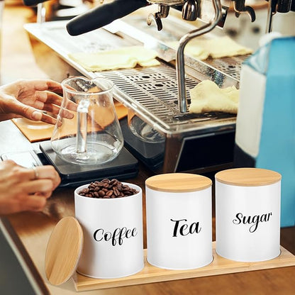 Reallnaive Coffee Tea Sugar Container Set with Tray, Set of 3 Airtight Metal Canister with Bamboo Lids, Farmhouse Kitchen Counter Organizer for Coffee Bar and Drink Station (White)