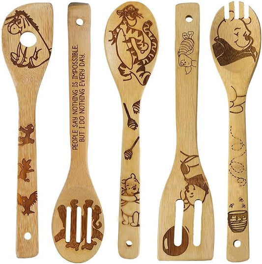 5 Cartoon Wooden Spoons for Cooking - Mom Birthday Gifts,Winnie Bear Gifts,Winnie the Bear Kitchen Accessories,Cute Tiger Spatula for Kitchen Decor,Mothers Day Gifts for Mom from Daughter,Son