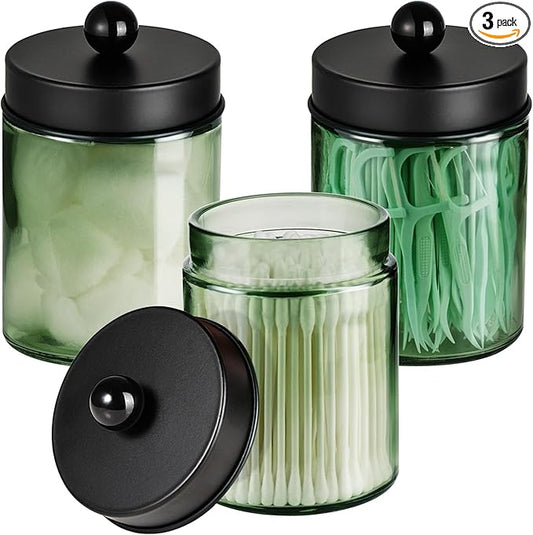 3 Pack Apothecary Jar Canisters Bathroom Vanity Organizer - Qtip Holder Storage Organizer Set Countertop Canister with Stainless Steel Lids &Cute Stickers for Qtips,Cotton Swabs,Makeup Sponges,Floss