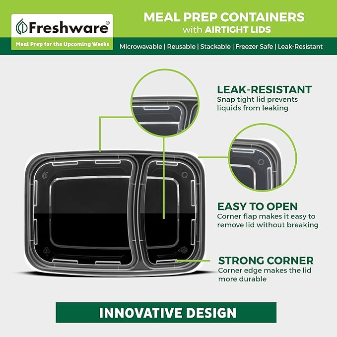 Freshware Meal Prep Containers with Lids 28 oz [150 Pack] 2-Compartment Food Storage Containers, Bento Box Lunch Containers, BPA Free, Airtight, Stackable, Reusable, Microwave/Dishwasher/Freezer Safe