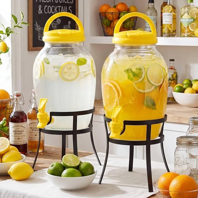 Havawish 2 Pack Drink Beverage Dispenser with Stand for Parties 1.16 Gallon Plastic Water Lemonade Juice Dispenser with Spigot and Lid for Countertop Weddings (Yellow)