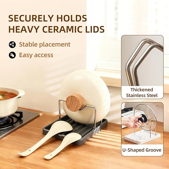 2 in 1 Pot Lid Holder & Spoon Rest for Kitchen Counter, Plastic Utensil Rest with Stainless Steel Pan Lid Holder Organizer While Cooking, Countertop Space Saving Pot Cover Rack | Easy to Clean - Image 3