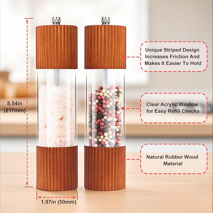 Acacia Wooden Salt and Pepper Grinder Set, 8 Inches Refillable Salt and Pepper Mills with Adjustable Ceramic Core, Manual Salt and Pepper Shakers for Kitchen Cooking and Gifts - Image 3