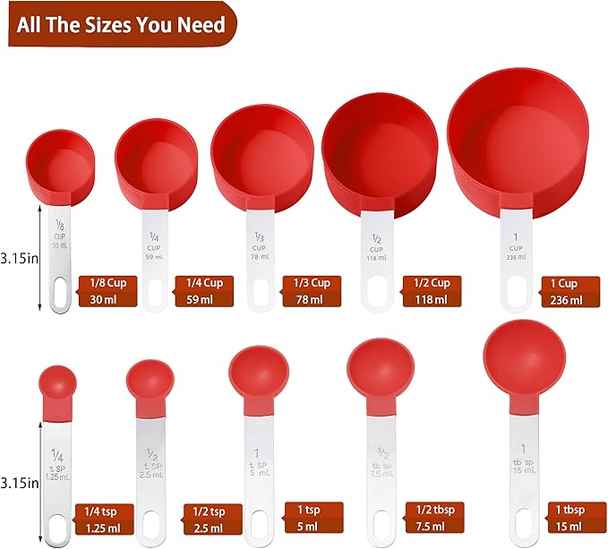 Measuring Cups and Spoons Set of Huygens Kitchen Gadgets 10 Pieces, Stackable Stainless Steel Handle Measuring Cups for Measuring Dry and Liquid Ingredient (Red) - Image 2