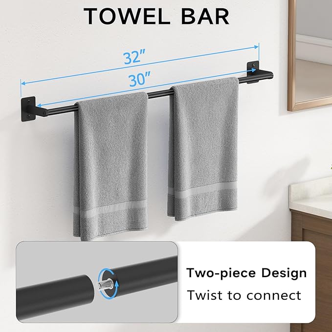KLJKPA 4 Pieces Bathroom Hardware Set, 32 inch Towel Bar, Matte Black Bathroom Accessories Set, Towel Racks for Bathroom, Robe Towel Hooks, Toilet Paper Holder Wall Mounted - Image 2