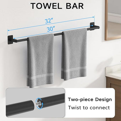 KLJKPA 4 Pieces Bathroom Hardware Set, 32 inch Towel Bar, Matte Black Bathroom Accessories Set, Towel Racks for Bathroom, Robe Towel Hooks, Toilet Paper Holder Wall Mounted - Image 2