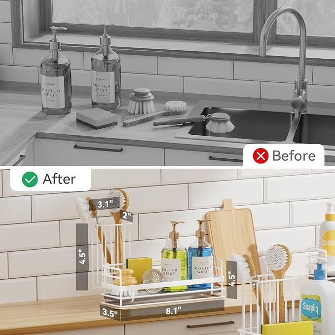 Yofidra Sink Caddy with Stone Drying Tray: Stainless Steel Soap Dispenser Kitchen Sink Organizer Set, Sponge Holder Counter Accessories Decor for Kitchen Organizers and Storage 8.1x3.5x4.5 in White - Image 4