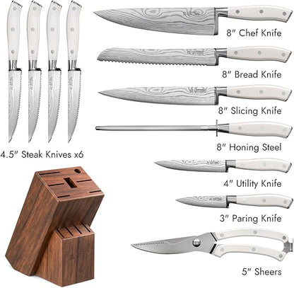 Yatoshi 12 Piece White Knife Block Set - Pro Kitchen Knife Set Ultra Sharp High Carbon Stainless Steel with Ergonomic Handle - Image 2