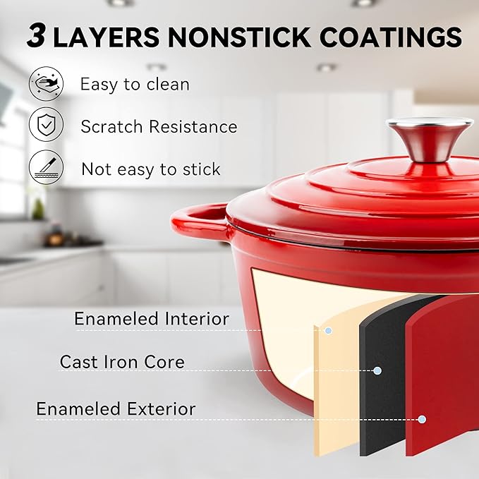 Miereirl 4.5 Quart Enameled Dutch Oven Pot with Lid, Cast Iron Dutch Oven with Dual Handles for Bread Baking, Cooking, Non-stick Enamel Coated Cookware (Red) - Image 3