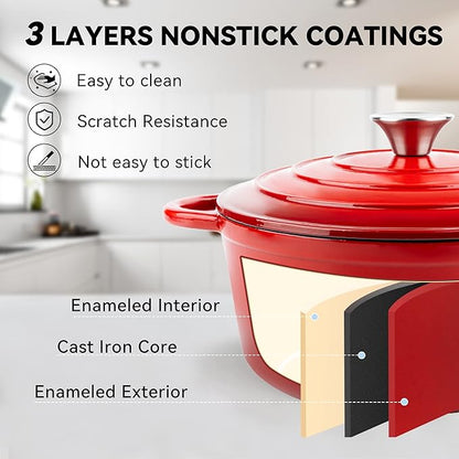 Miereirl 4.5 Quart Enameled Dutch Oven Pot with Lid, Cast Iron Dutch Oven with Dual Handles for Bread Baking, Cooking, Non-stick Enamel Coated Cookware (Red) - Image 3