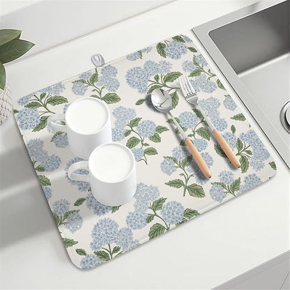 Blue Hydrangea Floral Dish Drying Mat for Kitchen Counter Spring Summer Vintage Flower Microfiber Dish Drainer Mat Rustic Farmhouse Absorbent Washable Drying Pad 16"x18"