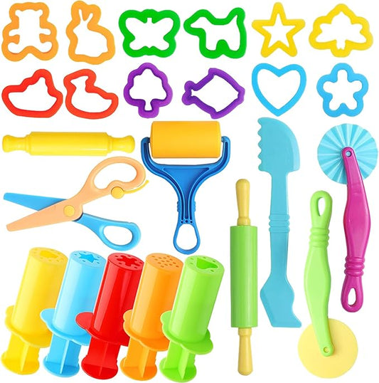 iShyan Dough Tools for Kids, 24 Pieces Dough Play Tools Set with Rolling Pins,Cutters,Dough Extruders,Scissor by iShyan