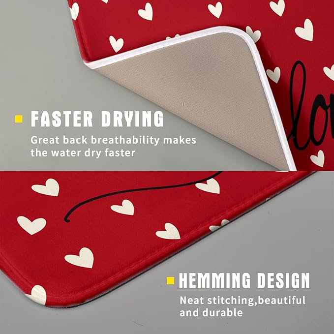 Giwawa Red Hearts Dish Drying Mat 16"x18", Valentines Day Symbol of Love Dish Drainer Mats, Romantic Reversible Dish Drying Rack Pad Protector for Kitchen Countertop Tabletop Small Decor