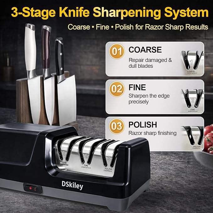Electric Knife Sharpener for Kitchen – Professional 3-Stage 100% Diamond System with 20° Precision Angle, Fast Sharpening to Restore & Polish Chef Knives (Silver) - Image 3