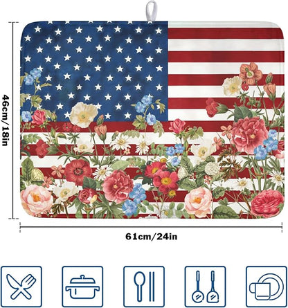 4th of July Dish Drying Mat 24x18 Inch, Patriotic Drying Mat with Absorbent Reversible Microfiber, Independence Day Dish Drainer Mats Memorial Day Rack Pad for Coffee Countertop Kitchen Protector