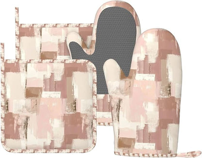 Oven Mitts and Pot Holders Set, Modern Art Dusty Pink Abstract Silicone Kitchen Accessories 4 Piece Heat Resistant Long Gloves Potholder Non-Slip Grip for Chef Cooking Baking Grilling BBQ