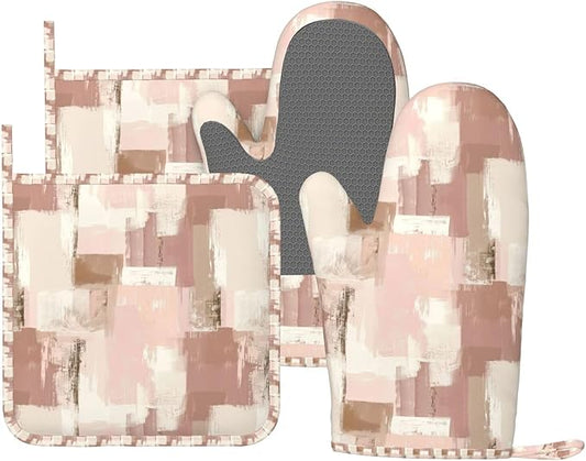 Oven Mitts and Pot Holders Set, Modern Art Dusty Pink Abstract Silicone Kitchen Accessories 4 Piece Heat Resistant Long Gloves Potholder Non-Slip Grip for Chef Cooking Baking Grilling BBQ
