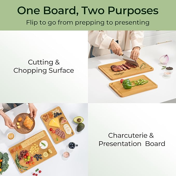 Keechee Chopping Board 2-Pcs Natural Bamboo Cutting Board With Juice Channels & Knife-Friendly Finish For Versatile Kitchen Use, Ideal Charcuterie & Chopping Multi-Use - Image 3