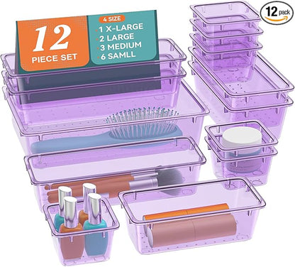 ElegantArray 12-Piece Drawer Organizer Set, 4 Sizes Versatile Plastic Vanity Organizer for Makeup, Stationery, Gadgets, in Kitchen, Bathroom, Office, and Bedroom, Purple by Unknown