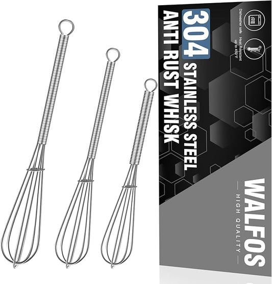 Walfos Mini Whisk,304 Anti-Rust Small whisk,Sturdy Stainless Steel Wire Tiny Whisks 6+7+8in,Ideal for mixing individual eggs, jams, spices and other small portion ingredients.(3pcs） by Walfos
