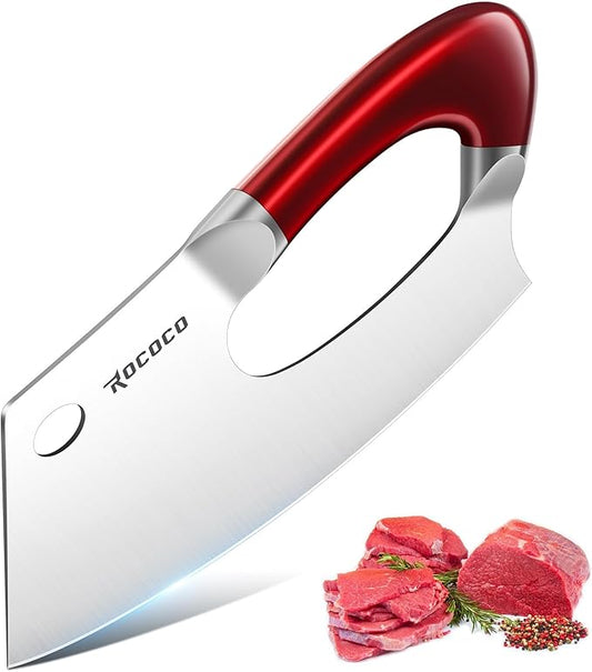 ROCOCO Easy Handle Meat Cleaver - Effort Saving Chef Knife Unique Professional for Kitchen Cutting Meat Vegetable Birthday Gift Red Stainless Steel