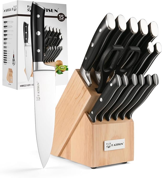 Knife Sets 15 Pieces for Kitchen with Block, German Stainless Steel Kitchen Knife Set, ABS Ergonomic Handle Chef Knives, and Shears for Chopping, Slicing and Cutting by KATISUN