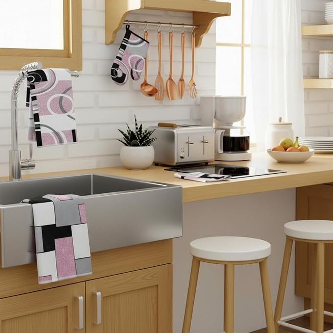 Jingmore 6 Pcs Kitchen Decor Set Accessory Farmhouse Kitchen Towels Pot Holders Oven Mitts Set 2 Dish Towels 2 Pot Holders 2 Cooking Mittens Oven Glove for Cooking (Pink, White, Black,Geometric) - Image 3