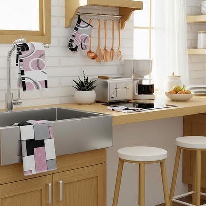 Jingmore 6 Pcs Kitchen Decor Set Accessory Farmhouse Kitchen Towels Pot Holders Oven Mitts Set 2 Dish Towels 2 Pot Holders 2 Cooking Mittens Oven Glove for Cooking (Pink, White, Black,Geometric) - Image 3