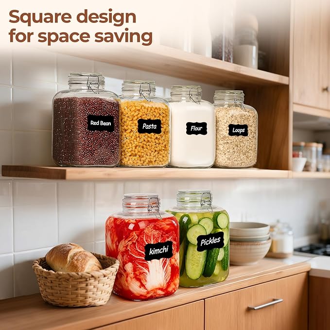 ComSaf Set of 2 Square Glass Jars, 1.1 Gallon (4L) Large Airtight Canisters for Bulk Food Storage, Flour, Rice, Fermenting, Wide Mouth, Space Saving - Image 6