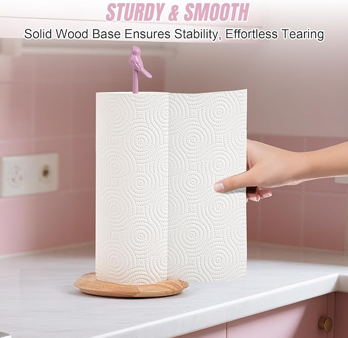 Wooden Paper Towel Holder countertop, Stylish Bird Shaped,Solid Wood Base&Iron Top, with Non-Slip Mat, Stable&Durable,Paper Towel Holder Farmhouse Style to Elevate Your Kitchen's Décor (Pink) - Image 5