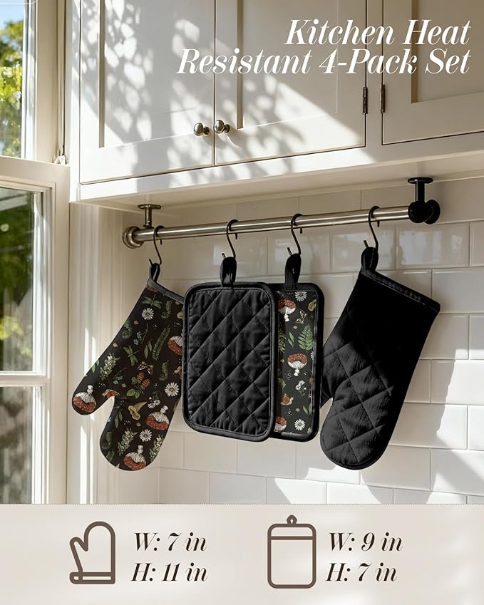 Miss Adola Cotton Oven Mitts and Pot Holders Sets - Quilted Lining Heat Resistant 4 Pieces Set with Hanging Loop Cute Farmhouse Boho Spring Kitchen Decor and Accessories, Black Mushroom - Image 4