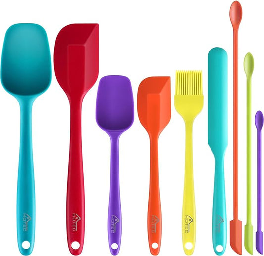 HOTEC BPA Free Heat Resistant Silicone Spatula Set Kitchen Utensils for Baking Cooking Mixing Non Stick Cookware Food Grade Dishwasher Safe (Multi-Color) Set of 9 by Hotec
