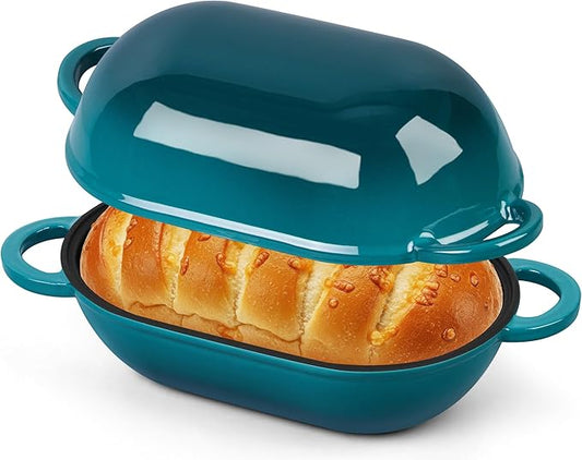Homikit Enameled Cast Iron Dutch Oven for Bread Baking, 2.8 QT Oval Bread Oven Pot with Lid, 9.5 x 5.7 Inch Sourdough Loaf Baking Pan for Homemade Bread, Heavy Duty & Oven Safe, Dark Green