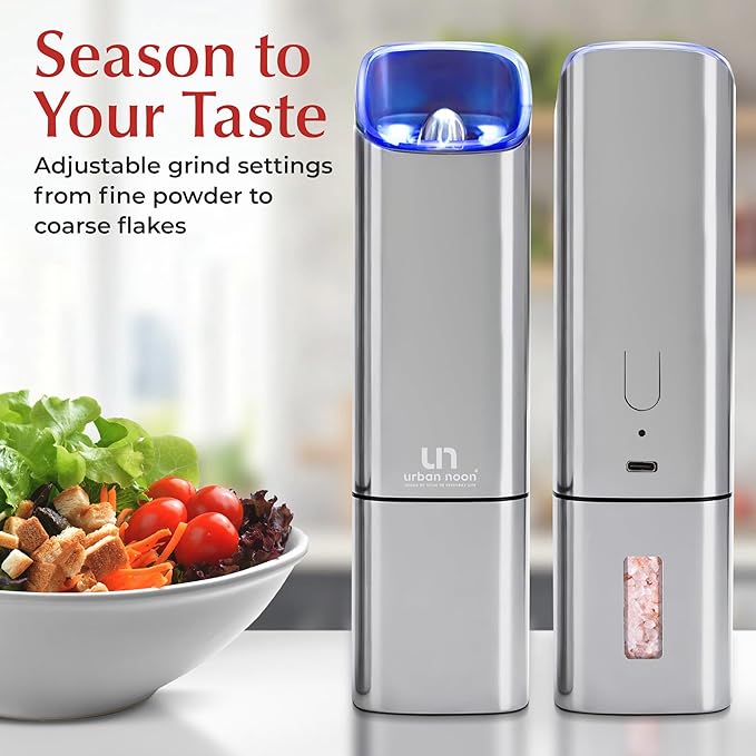 Automatic Salt and Pepper Grinder Set - Rechargeable Electric Salt and Pepper Shakers with Adjustable Coarseness, LED Light, One-Handed Use, Gravity Salt Grinder and Electric Pepper Mill - Image 6