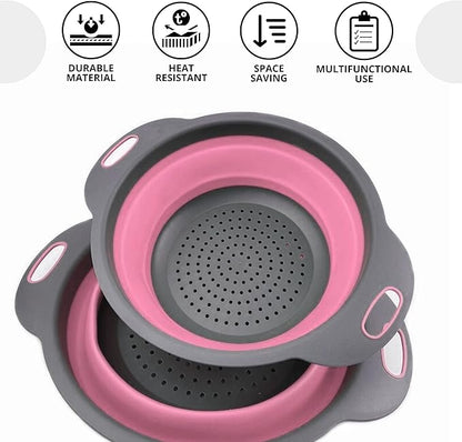 Pink Round Silicone Colander Collapsible – Foldable Kitchen Strainer Small Collapsible Colander Pink with Plastic Handles for Draining Vegetable and Fruit Round Silicone Kitchen Strainer for Pasta