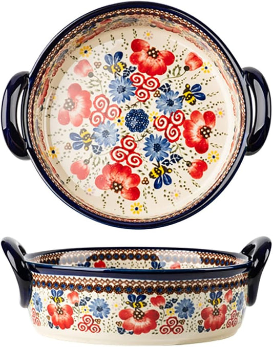 Vintage Flowers Style Ceramic Bakeware Casserole Dish Baking Pan Lasagna Pans Baking Dish with Handles for Oven/Cooking/Kitchen-1 PCS-Red Flowers-32 OZ by Bicuzat