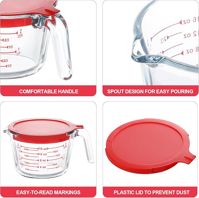 KOMUEE 4 Piece Glass Measuring Cups Set, 5 Oz, 1-Cup, 2-Cup, 4-Cup Liquid Measuring Cups with Lids for Kitchen, Freezer and Microwave Safe - Image 3