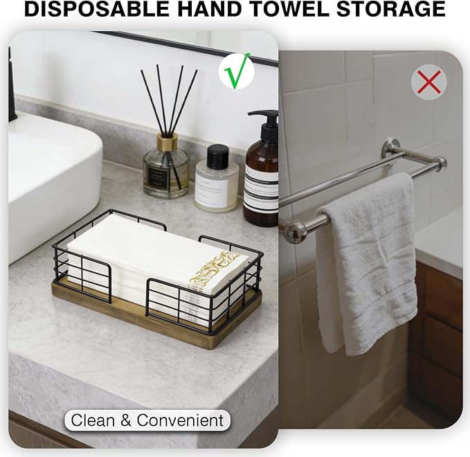Kordory Wooden Guest Towel Holder Tray for Bathroom, Black Bamboo Counter Rectangular Bathroom Napkin Holder for Ktichen, Disposable Hand Towel Holder Tray for Home, Bar, Hotel, Office(Light Brown)