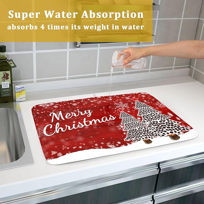 Merry Christmas Tree Red Dish Drying Mat for Kitchen Counter,Winter Snowflake Pine Drying Mat 18 x 24 Inch with Absorbent Reversible Microfiber Dish Drying Pad for Coffee Bar - Image 7