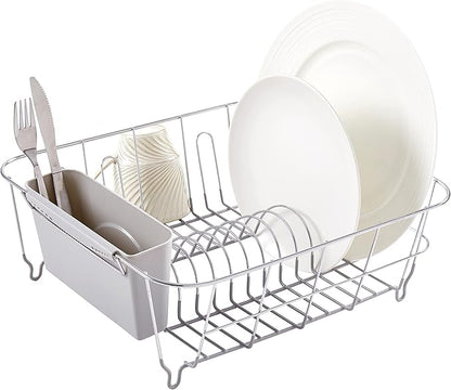 Dish Drying Rack & Cutlery Holder 2 Piece Set - Compact Sink-Fitting Dish Drainer with Rubberized Undercoating, Space-Saving Kitchen Organizer for Plates, Cups, Bowls & Utensils in Sink, Silver by SweetHomeCollection